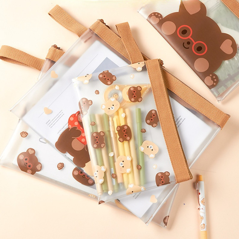 

Cartoon Cute A4 A5 File Storage Bag Kawaii Bear Pencil Case Transparent High Capacity Waterproof Zipper Document Pocket Folders