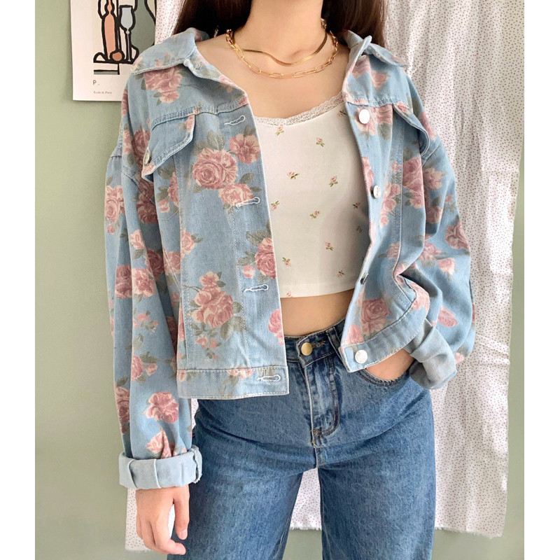 Keely Daily - Mia Floral Oversized Denim Jacket outer jaket jeans kembang bunga wanita crop