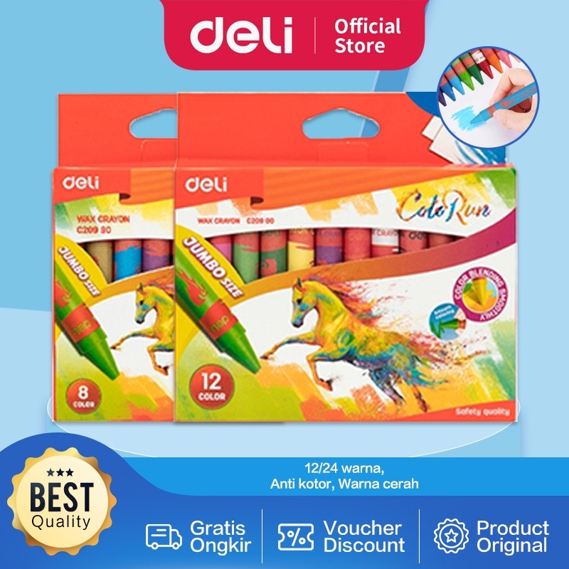 

Deli Crayon EC20900 / Krayon Lilin 12 Warna Jumbo Label Melingkar Tangan Anti Kotor