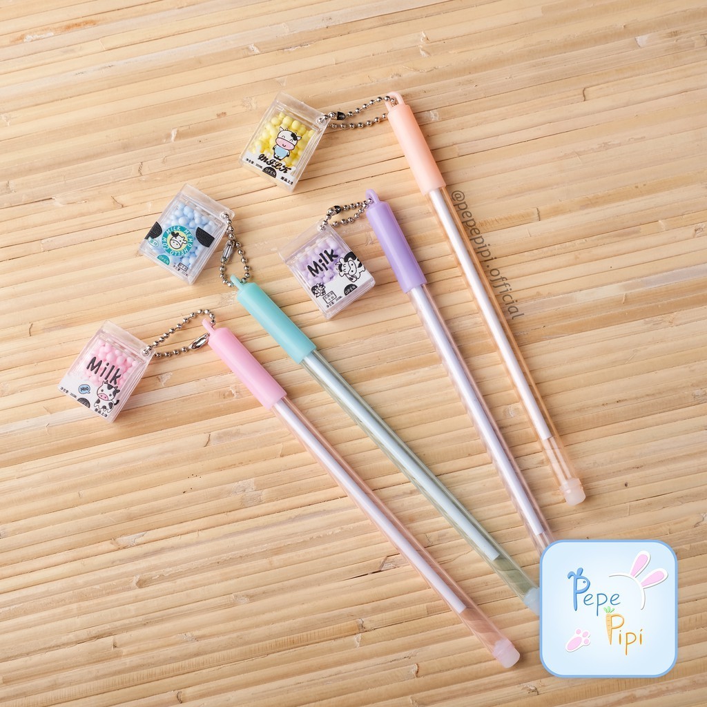 

4 &12 pcs Pena Gantungan Susu Sapi Bulat Pen Bolpen Pulpen Bolpoin Karakter cow milk