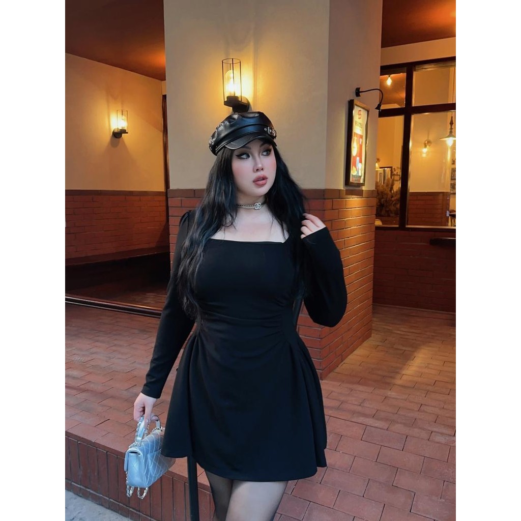 Dress Jumbo Wanita Big Size Dress Jumbo Wanita Korea Retro Sexy Lengan Panjang Gaun Hitam Pendek