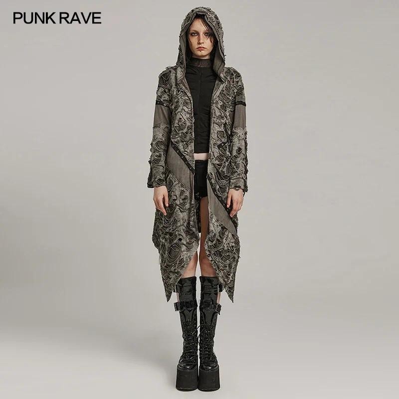 PUNK RAVE Women's Wasteland Punk Splicing Pure Color Knitted Decayed Coat Loose Long Trench Jaket De