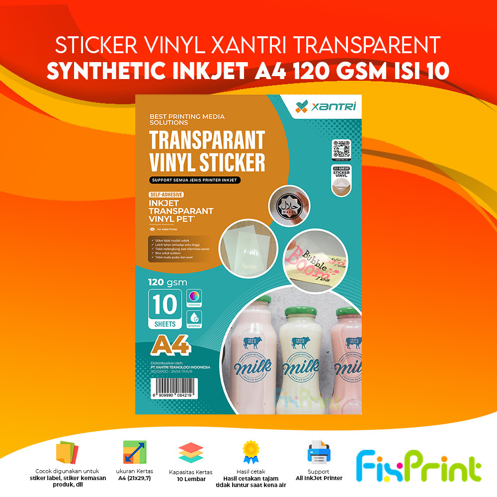 

Kertas Sticker Vinyl Xantri White Matte / Glossy / Transparent Transparan Synthetic InkJet A4 170gsm 120gsm Isi 10 & 20 Lembar