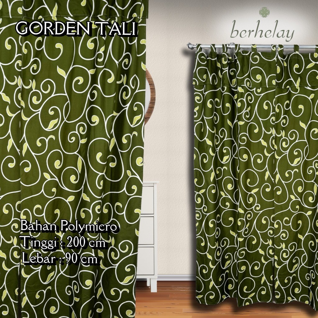 KLIMAUSHOP Gorden Tali + Poni Polymicro Pintu Atau Jendela Motif Abstrak Kangkung Teralis Hijau Oliv