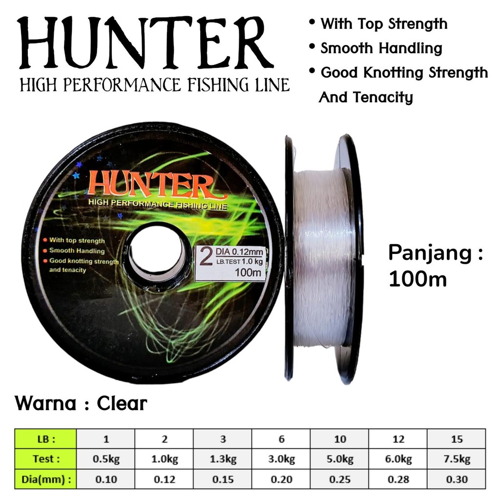 GPJ Hunter 1lb - 15lb Panjang 100m Senar Kenur Pancing Warna Clear Bening Tangkai Pancingan Mudah Te