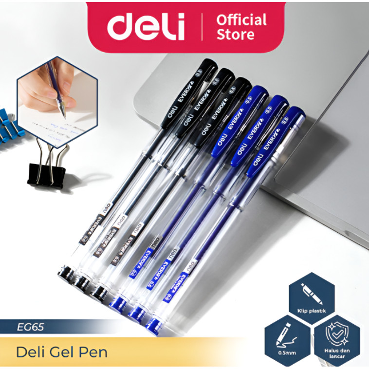 

Deli Pulpen Gel / Gel Pen 0.5 mm (1 PCS) Tinta Hitam/Biru Nyaman Digenggam EG65