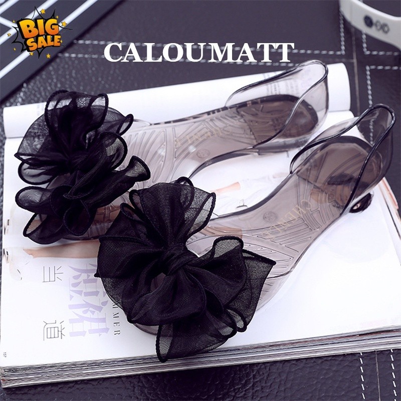 READY!Sepatu Jelly Korean Bunga Embllished Flat Jelly Shoes  transparan Sepatu Flat Kaca Alina PVC