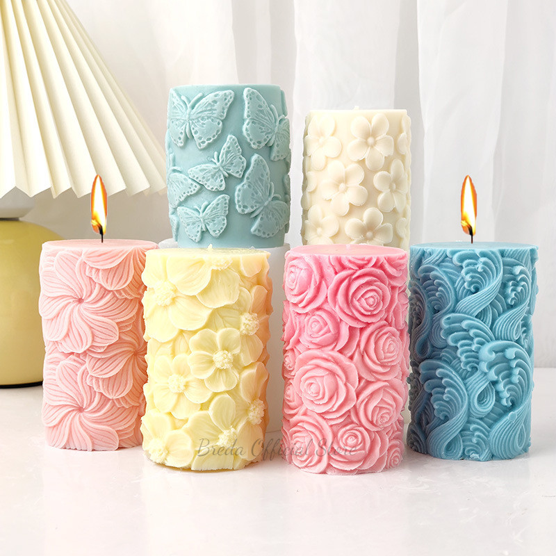 

3D Relief Butterfly Flower Cylinder Silicone Candle Mold DIY Wave Cherry Blossom Column Soap Resin Plaster Mold Home Crafts Gift