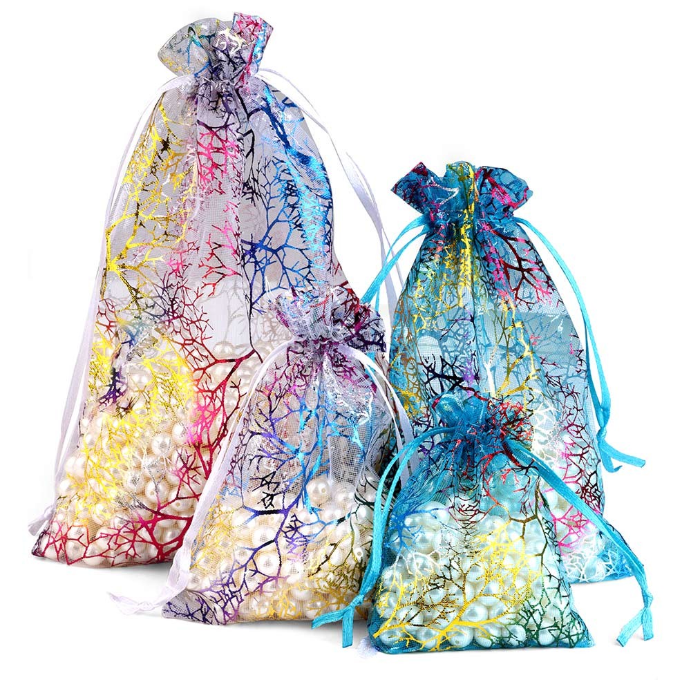 

25pcs/50pcs Organza Gift Bags 7x9/9x12/10x15/13x18cm Jewelry Packaging Bags Wedding Present Drawable Tree Pattern Packing Bags