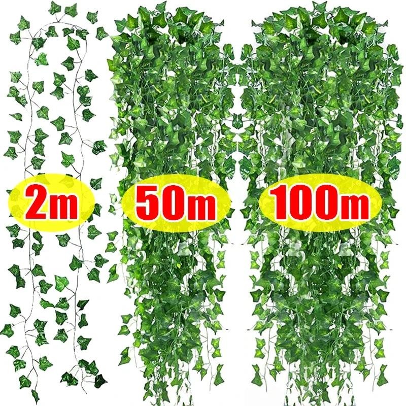 100/2M Artificial Green Ivy Vine Garland Fake Leaf Plants Rattan Hanging Creeper Garlands for Garden