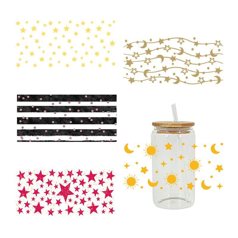 

UV DTF Transfer Sticker Stars Moon For The 16oz Libbey Glasses Wraps Bottles Cup Can DIY Waterproof Custom Decals D8262