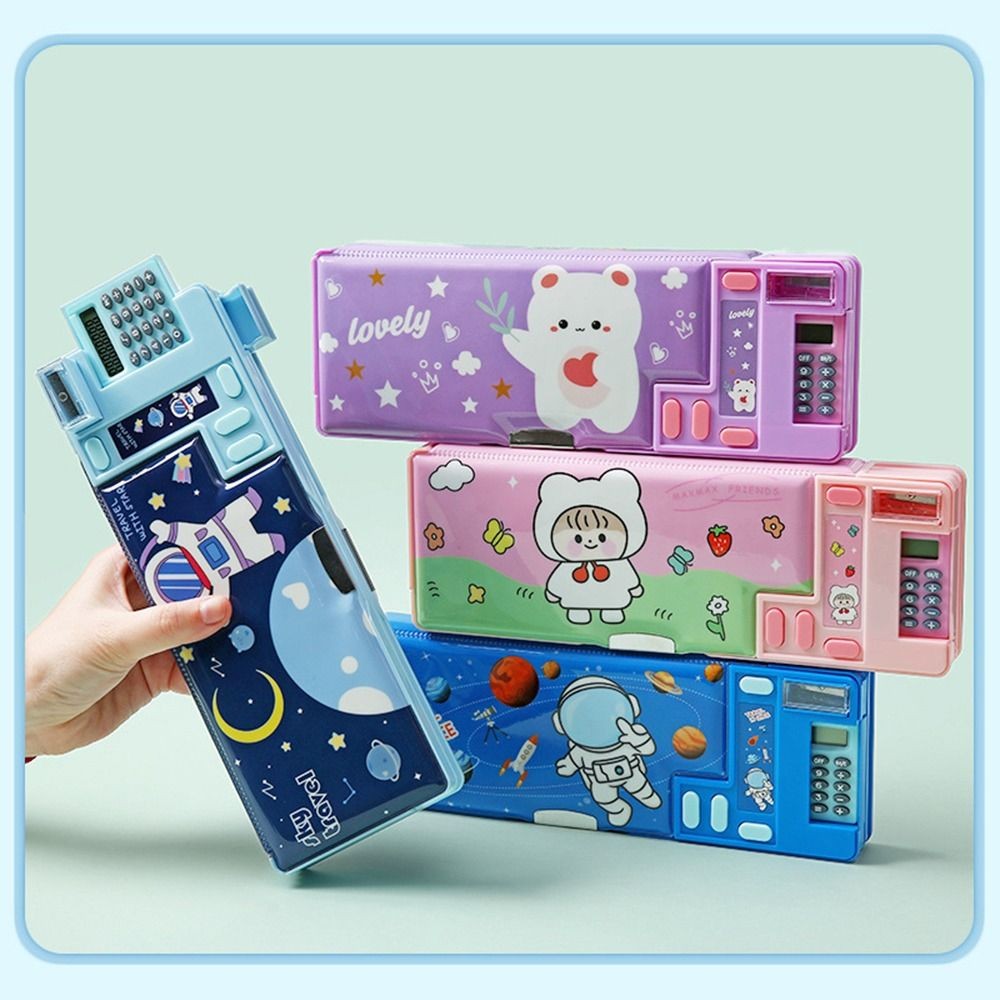 

Double Layer Pencil Case With Calculator Pencil Sharpener Astronaut/Animal Design Pencil Box Stationery Storage Box For Student