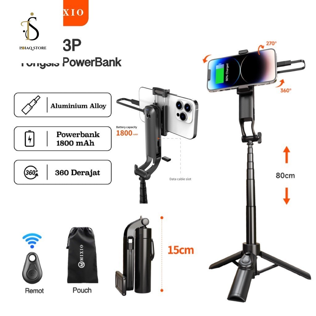 15) MIXIO A33P Tongsis Powerbank Bluetooth Selfie Stick Tripod Mini Aluminium 80CM