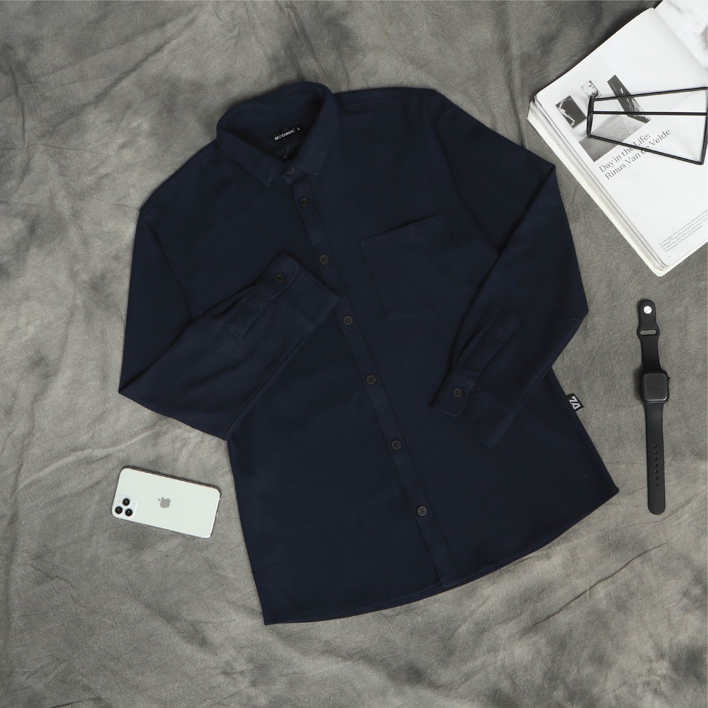 Dzargo Kemeja Polos Pria Lengan Panjang Pique Premium Navy (baju dll) BARU