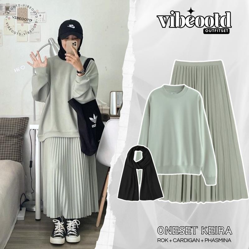 Keira Outfit Set Wanita Hijab ( Bawahan Skirt Rok Span Plisket Panjang Melar + Atasan Outer Baju Raj