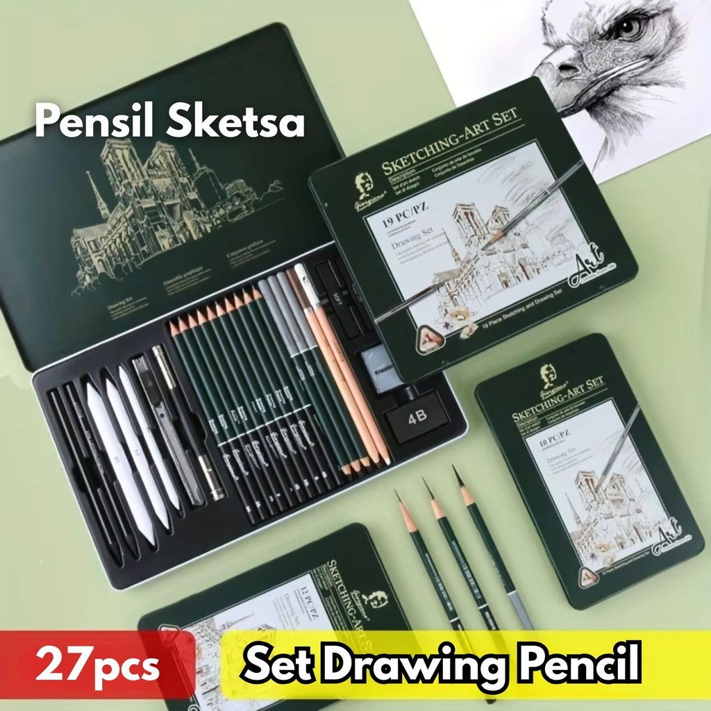 

27pcs Giorgione Set Drawing Pencil Pensil Sketsa Sketch Tin Box Arang Penghapus BR081 Profesional