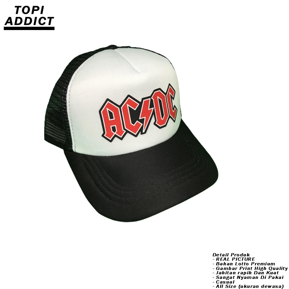 Topi Band ACDC Trucker Hat Jaring Keren Topi Snapback Warna Putih Hitam Topi Korea Style Trand Custo