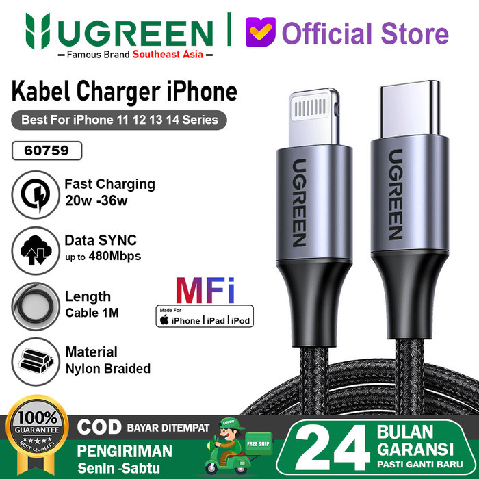 UGREEN Kabel Data iPhone MFi USB Lightning Dan USB Type C To Lightning - USB-C 60759 1M Original