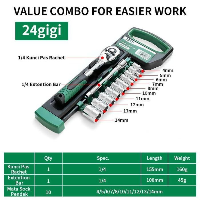ISKU Kunci Shock 12Pcs Drive Socket 1/2 Inch Socket Wrench Set 8-24mm Dan 10Inch Extension Bar Bahan
