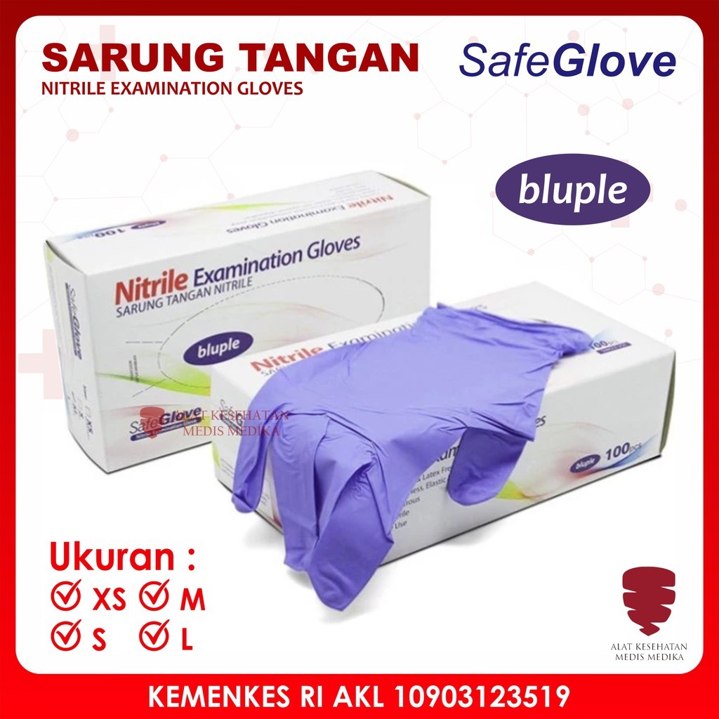 Sarung Tangan Nitrile Blueple SafeGlove Ukuran XS S M L Medis  Handscoon Handscon Handskun Karet Lat