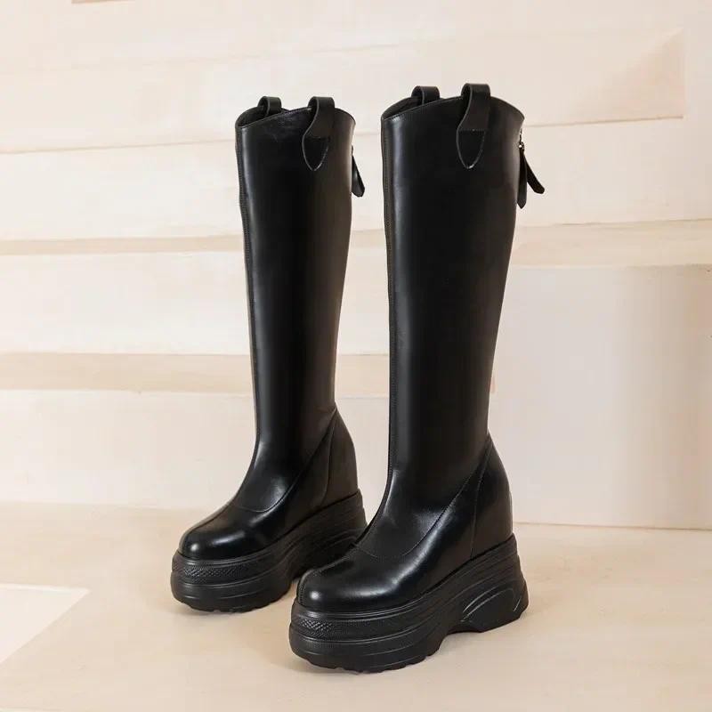 Women's Boots Genuine Leather  New 11cm Heel High Platform Internal Heightened Boots Women's Fashion