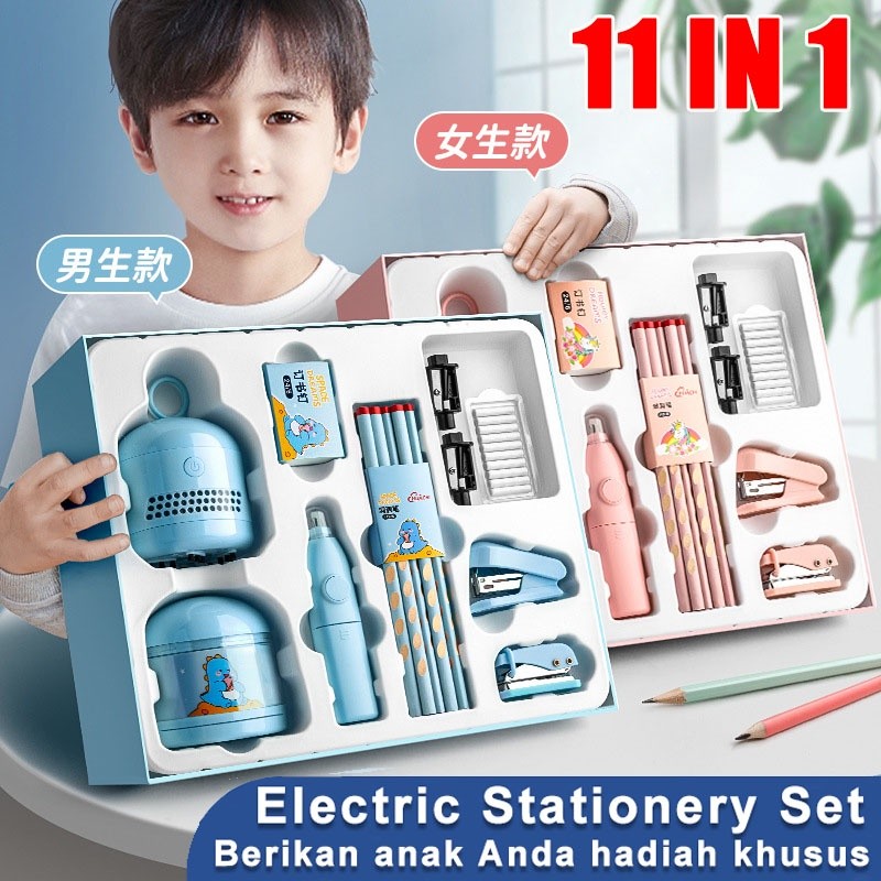 

TERBARU Electric Stationery Set set Alat Tulis Elektronik Rautan Penghapus Vacuum Pensil 11In1 sekolah sets