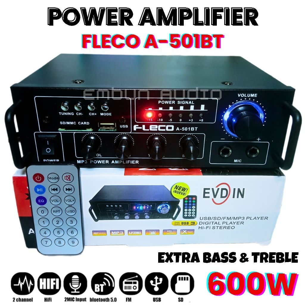 Power Amplifier Bluetooth Fleco A-501BT 600W | Audio Penguat Suara Extra Bass & Treble | Ampli Mini 