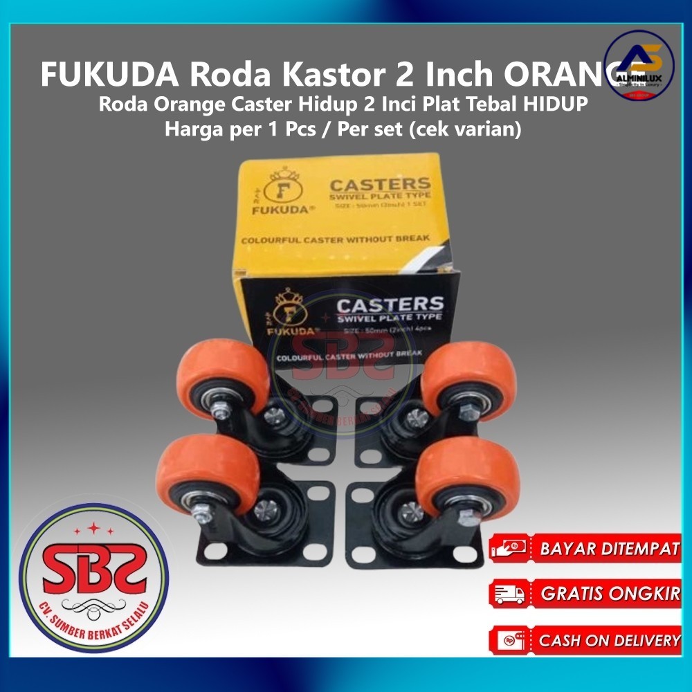 FUKUDA Roda Kastor 2 Inch ORANGE TEBAL Hidup TANPA REM / Castor Swifel Plate Etalase Troli PER SET -