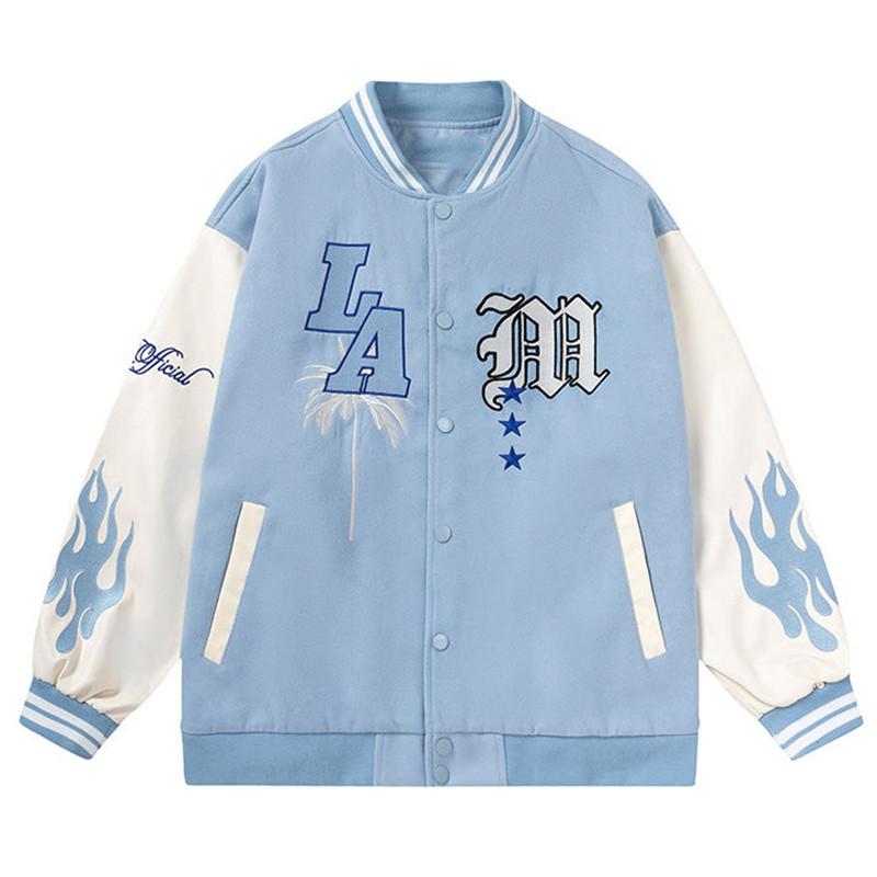 Letter Embroidery Men's Baseball Jacket Y2k Flame Leather Varsity Jacket Windbreaker High Street Hip