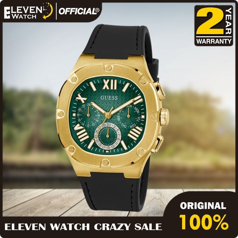 [Promo] Jam Tangan Pria Guess GW0571G3 Headline Green Dial Black Silicone Strap  Garansi 2 Tahun [CO