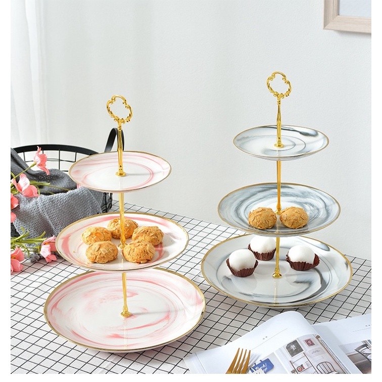 Marble Three-Layer Cake Tier Plate / Piring kue Marbel 3 Tingkat / Tempat kue bertingkat wadah kue