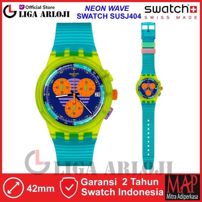 ✔Q.LnS✔ - PASTI READY SWATCH SUSJ404 NEON WAVE Jam Tangan Unisex Analog Chronograph Swiss