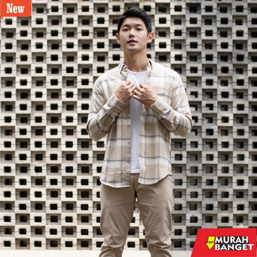 kemeja kotak kotak cowok Kemeja Flannel OXCON cotton Cream Blue Teal