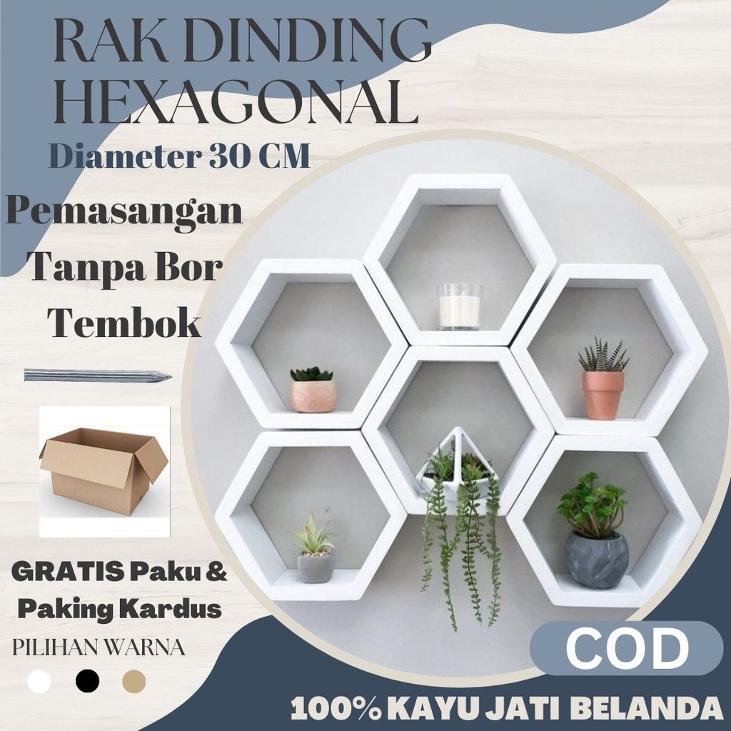 Rak Dinding Hexagonal Diameter 30 Cm Hiasan Dinding Kayu Jati Belanda 1kg = 3pcs Pajangan Gantung Mi