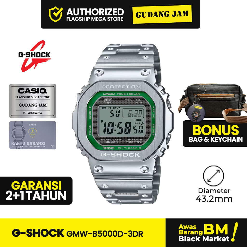 Jam Tangan Pria G-Shock GMW-B5000D-3DR Green Silver Digital Rantai Original