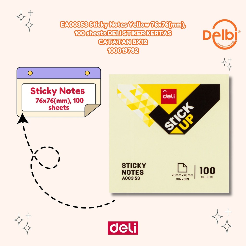 

Deli Memo tempel Sticky Notes 76x76mm 3"x 3" 100sheets Warna Kuning perekat kuat tahan lama EA00353