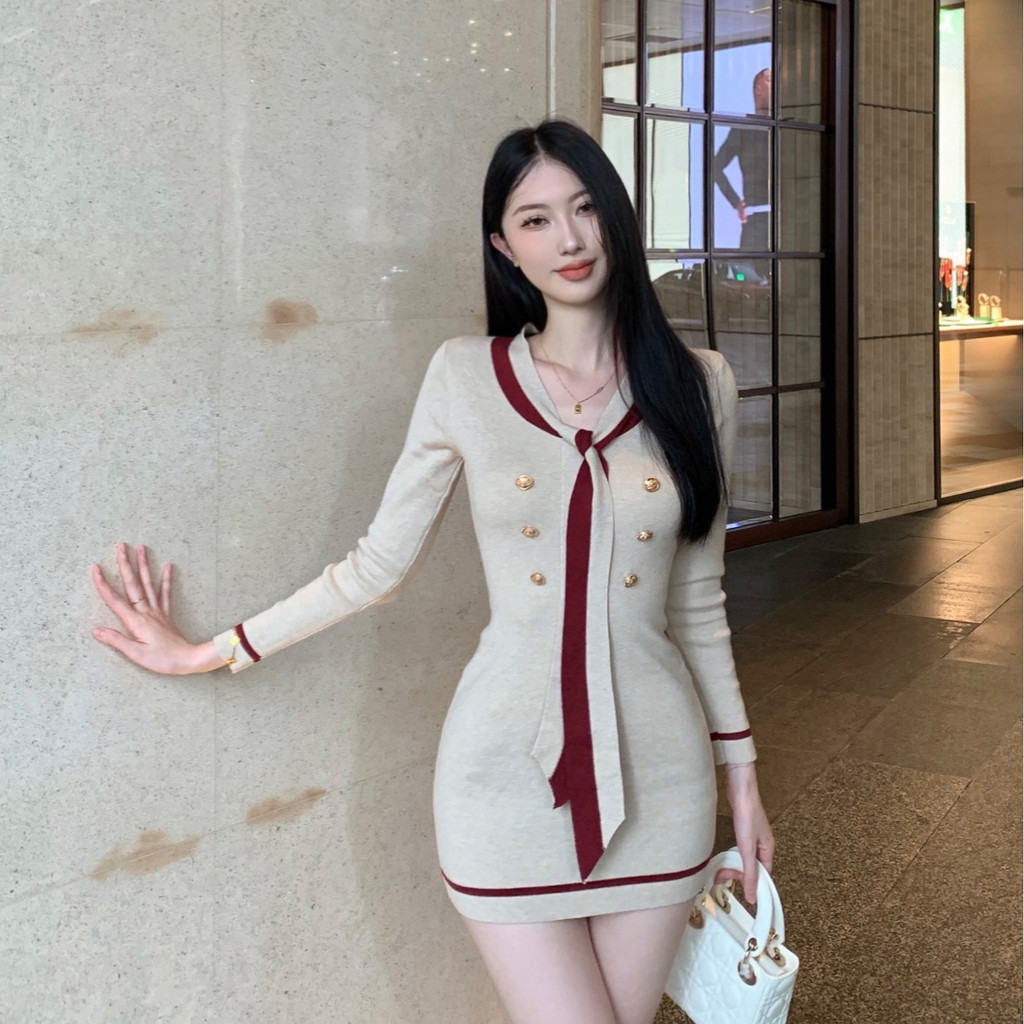 Rajutan Rok Pendek Yang Dibungkus Pinggul Dress Rajut Garis-garis Gaya Korea Lengan Panjang Wanita