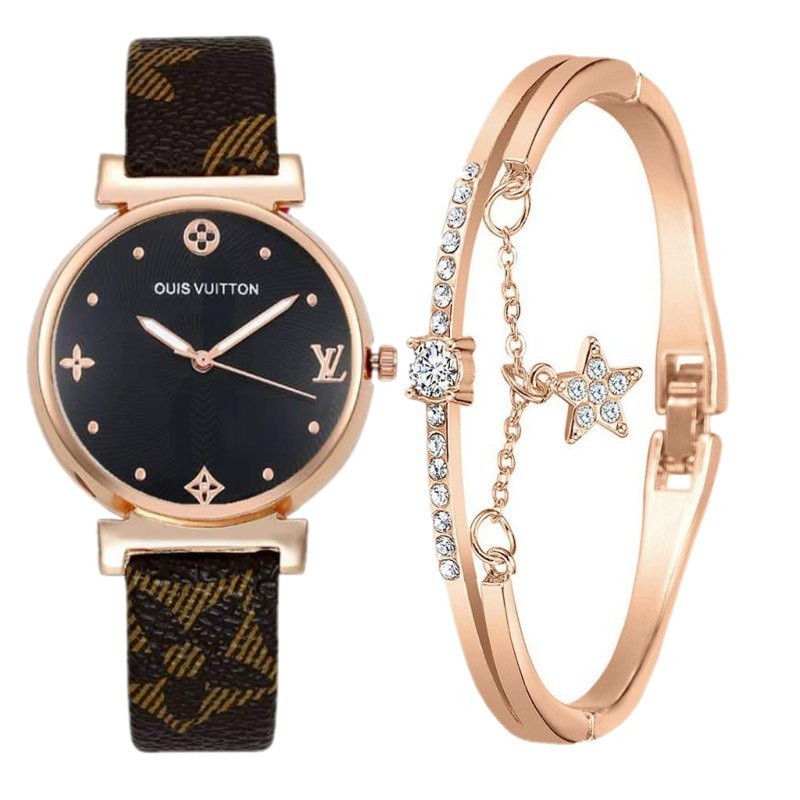 Galery Modern   JAM TANGAN WANITA LV WANITA TALI KULIT KEREN BONUS GELANG DAN KOTAK