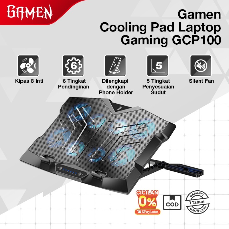 GAMEN GCP100 Cooling Pad Laptop 8 Kipas Super Dingin 6 Level Kecepatan 5 Sudut Adjustable Silent Fan