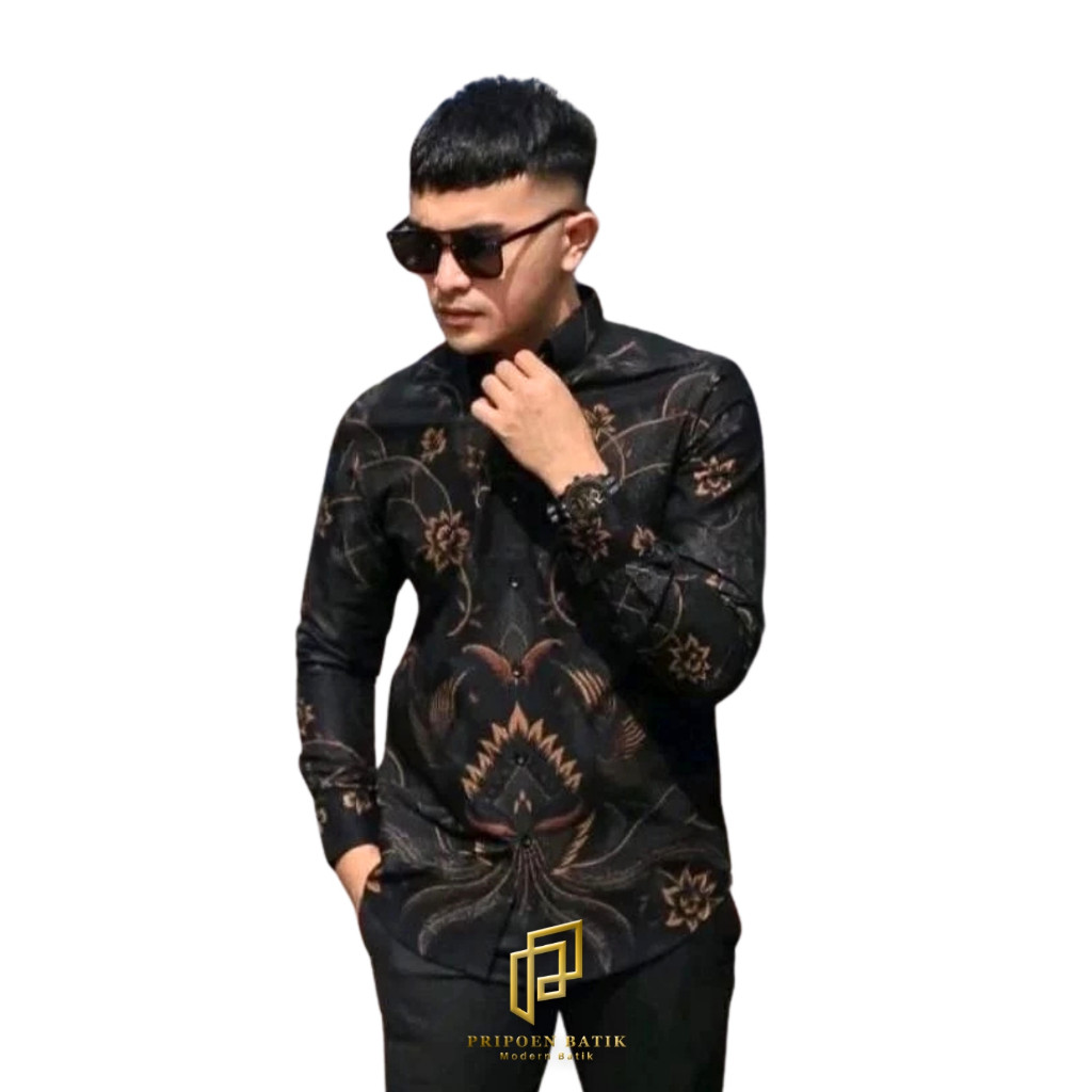 BAHAN PREMIUM / PRIPOEN BATIK  Kemeja Batik Pria Lengan Panjang Biru Hitam