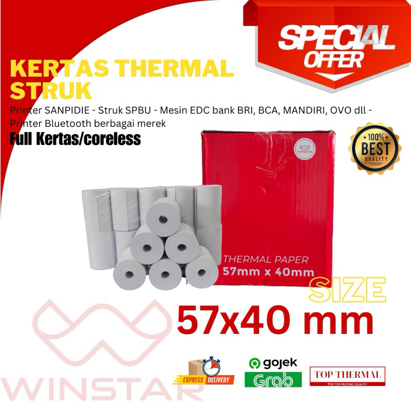 

WINSTAR 1 Pack isi 10 Roll Kertas Kasir Thermal 57x40 Coreless Struk Resi Termal Uk. 57mmx40mm