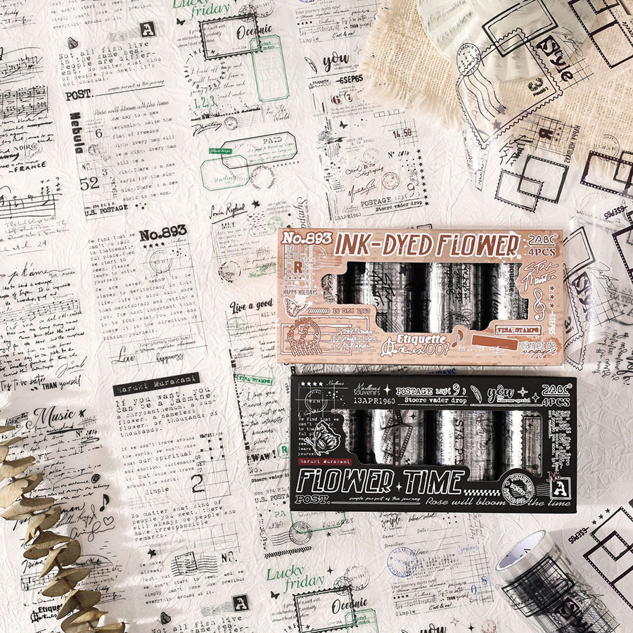 

[Artopia] 1 Box isi 4 Roll Sticker PET Tape Stiker IDF FT Quotes Aksen Black White Stamp Frame