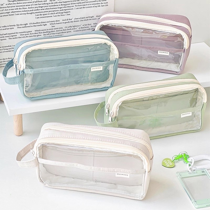 

Handheld Double Layer Transparent Pencil Case Pen Bag Hitting Color Square Storage Pouch for Stationery School F7473