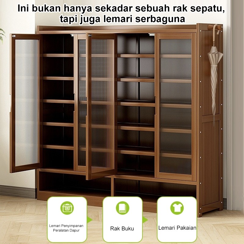 Sinarterang3 Alami Rak Sepatu Susun Tertutup Kayu Lemari Kaca Sepatu Tertutup Rak Sepatu Anti Debu