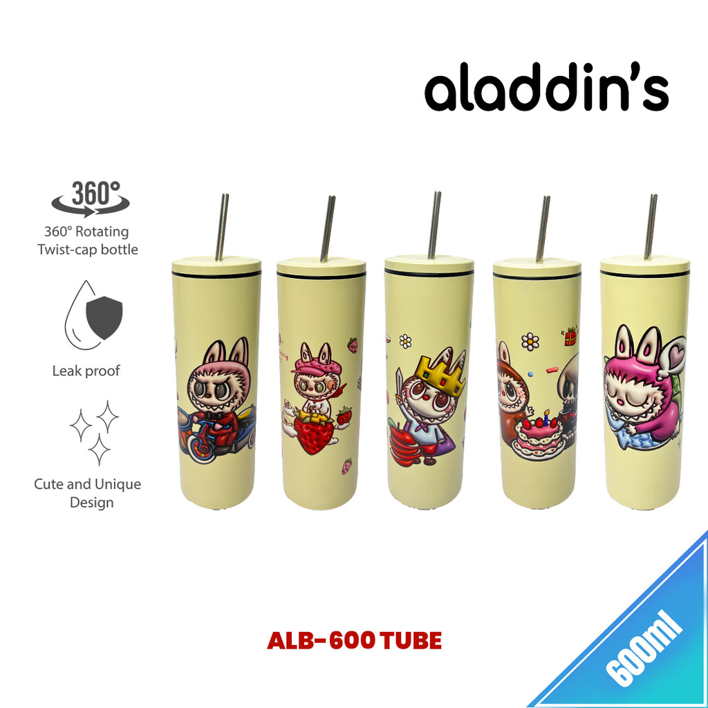 aladdin's Tumbler Mug Slim Free Sedotan Stainless Steel SUS304 Karakter Labubu Viral 600ml, BPA Free