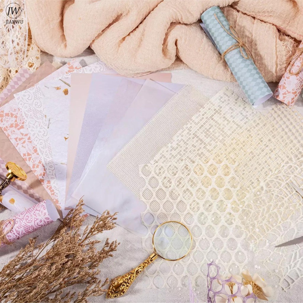 

JANWU 15 Sheets Light Dream Series Simple Grid Mixed Material Decor Material Paper Creative DIY Journal Collage Stationery