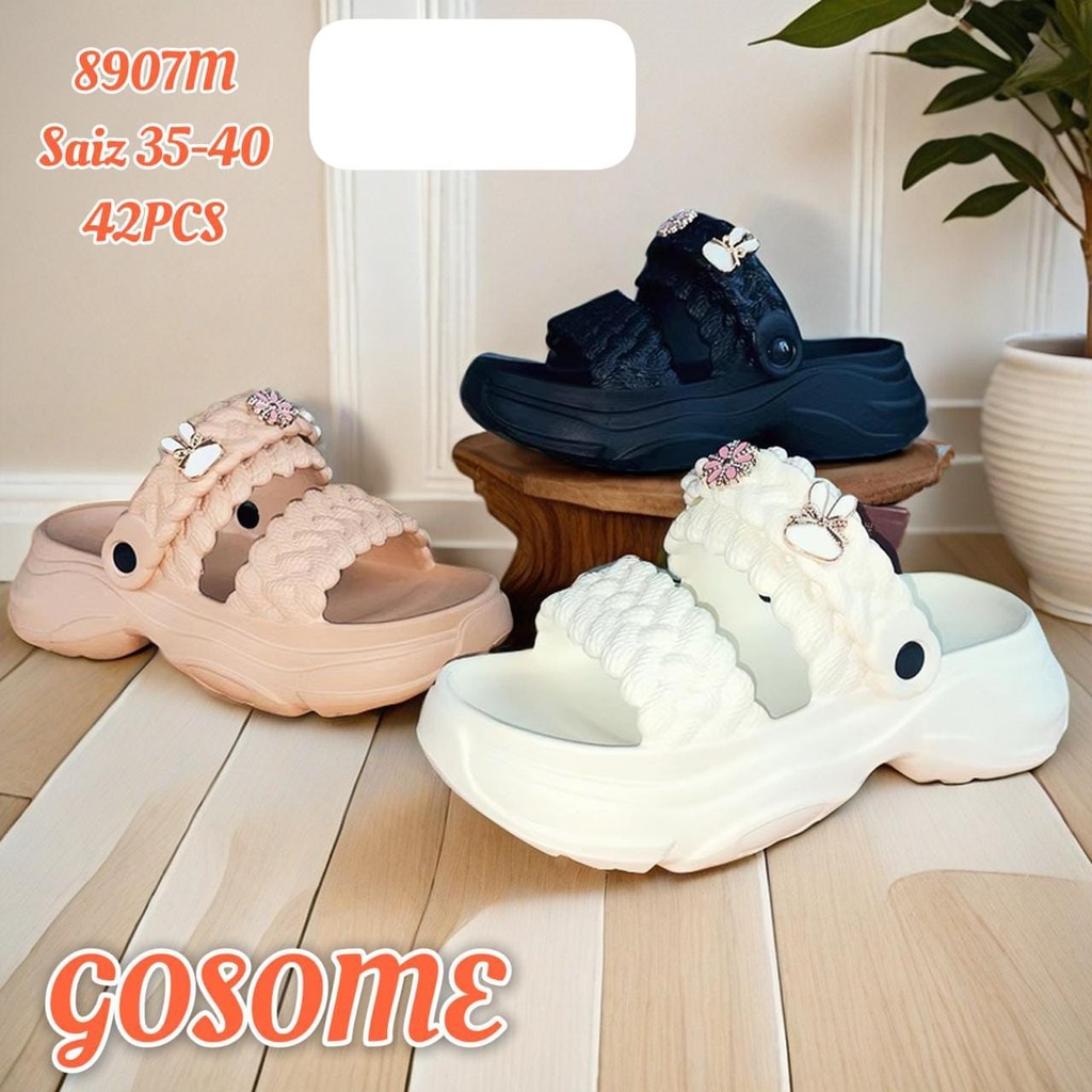 Sandal Wanita Wedges Strap Dua Tali Belakang Hiasan Bunny Bunga Lucu Gosome 8907 M | 35-40