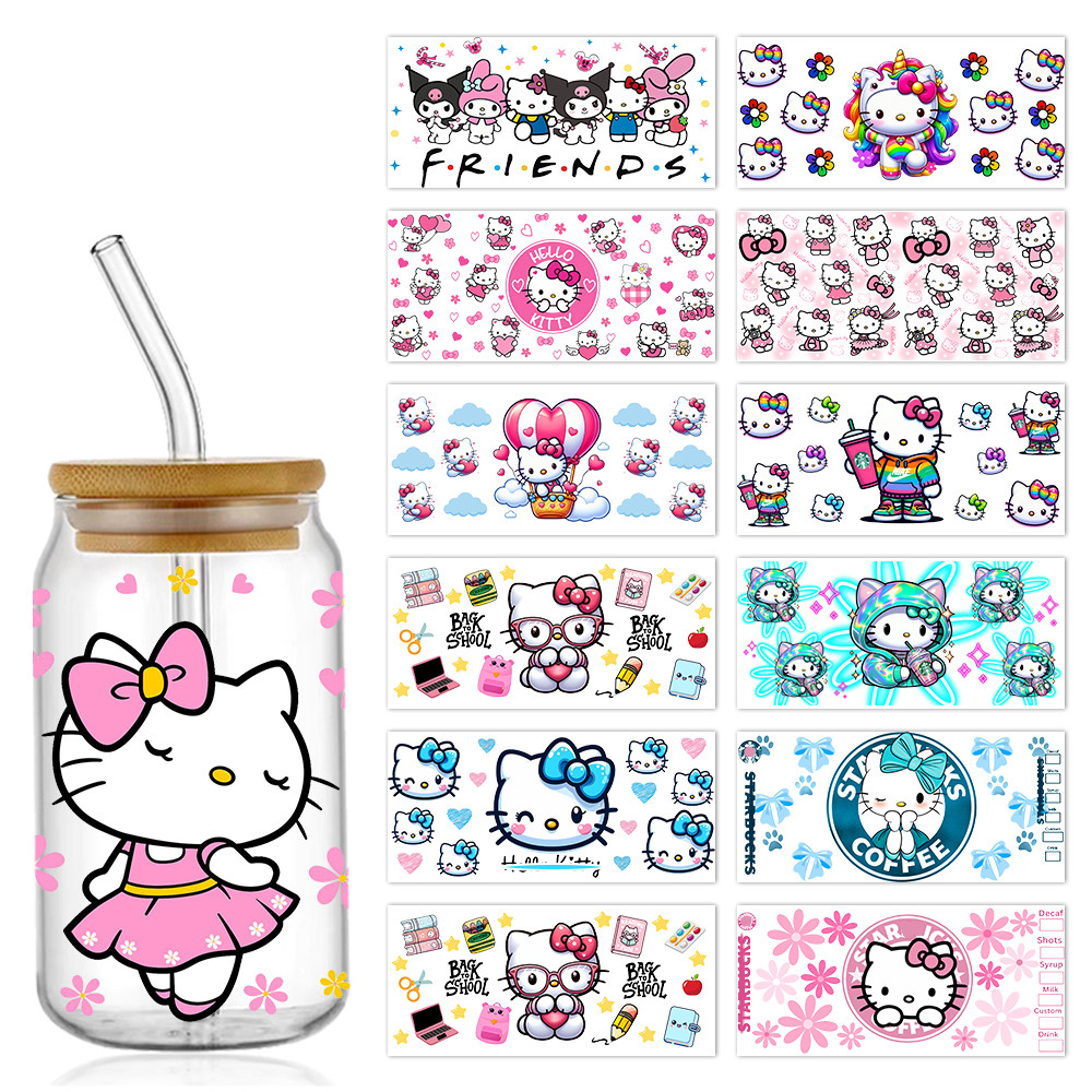 

Cartoon Hello Cat UV DTF Cup Wrap for 16oz Libbey Glass Sticker Can Tumbler Transfer for Cup Wraps Libbey
