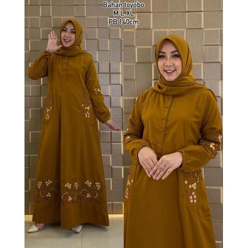 Gamis bordir terlaris dan terbaru bahan katun toyobo simple  - Kuning, L