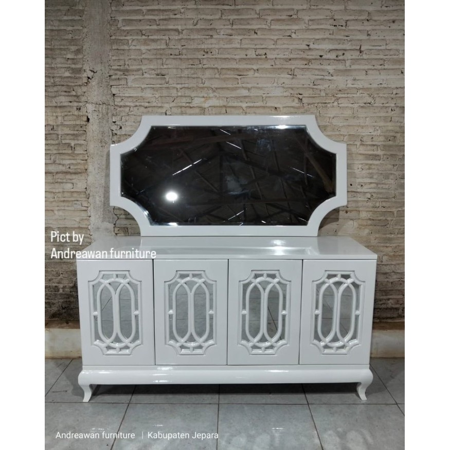 Bufet Minimalis Luxury Dan Kaca Rias Gantung Cat Duco Putih